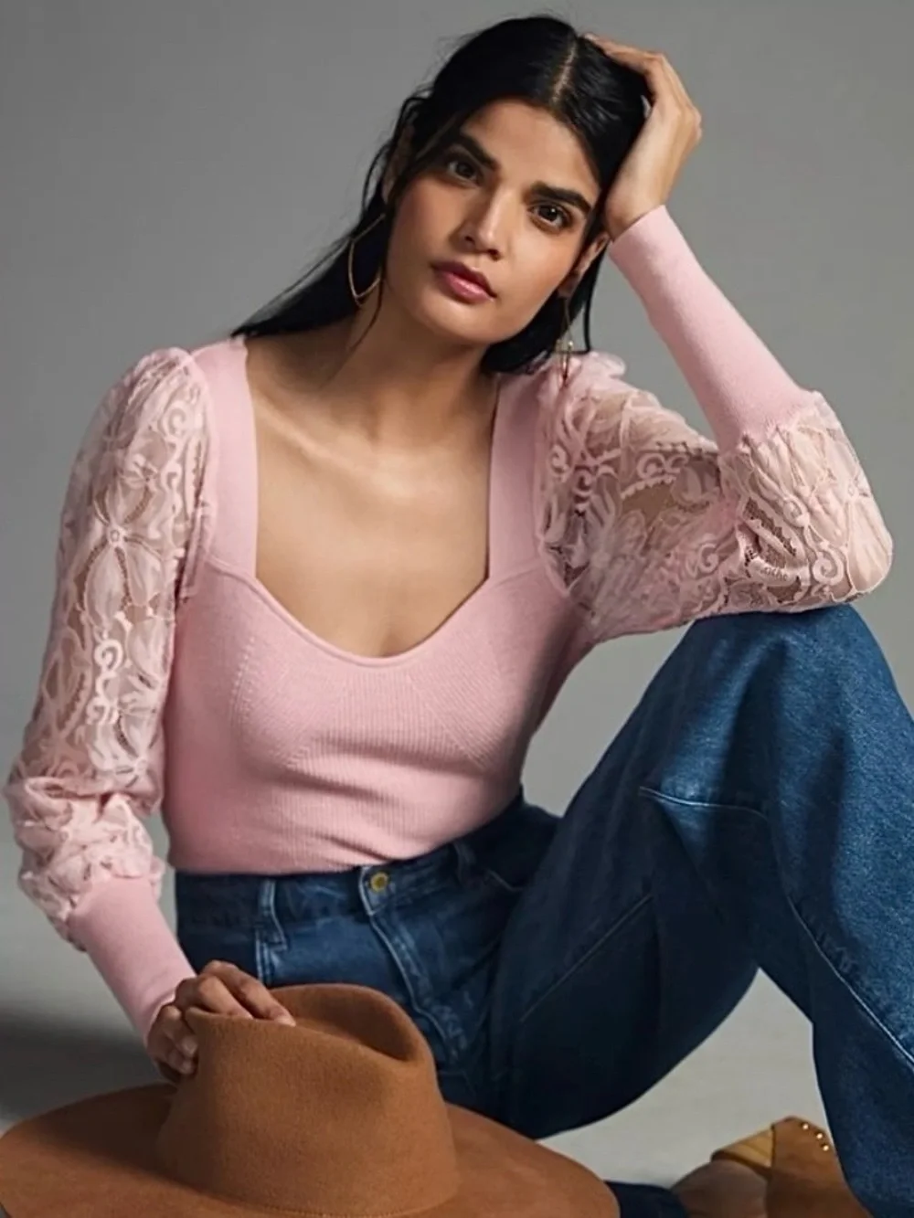 Anthropologie Ribbed Knit Top Lace Sheet Sleeves Sweetheart Neck Soft Pink Small